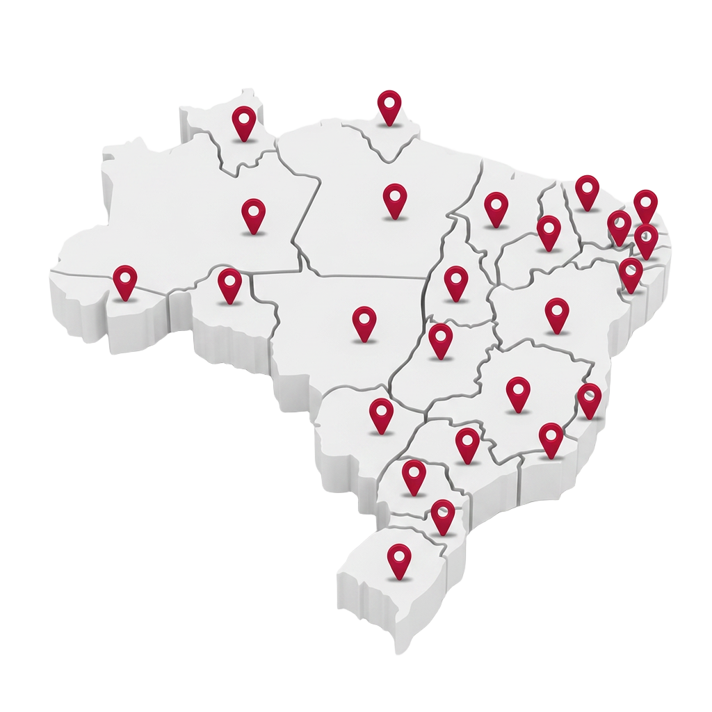 Mapa do Brasil com pontos de atendimento em todos os estados